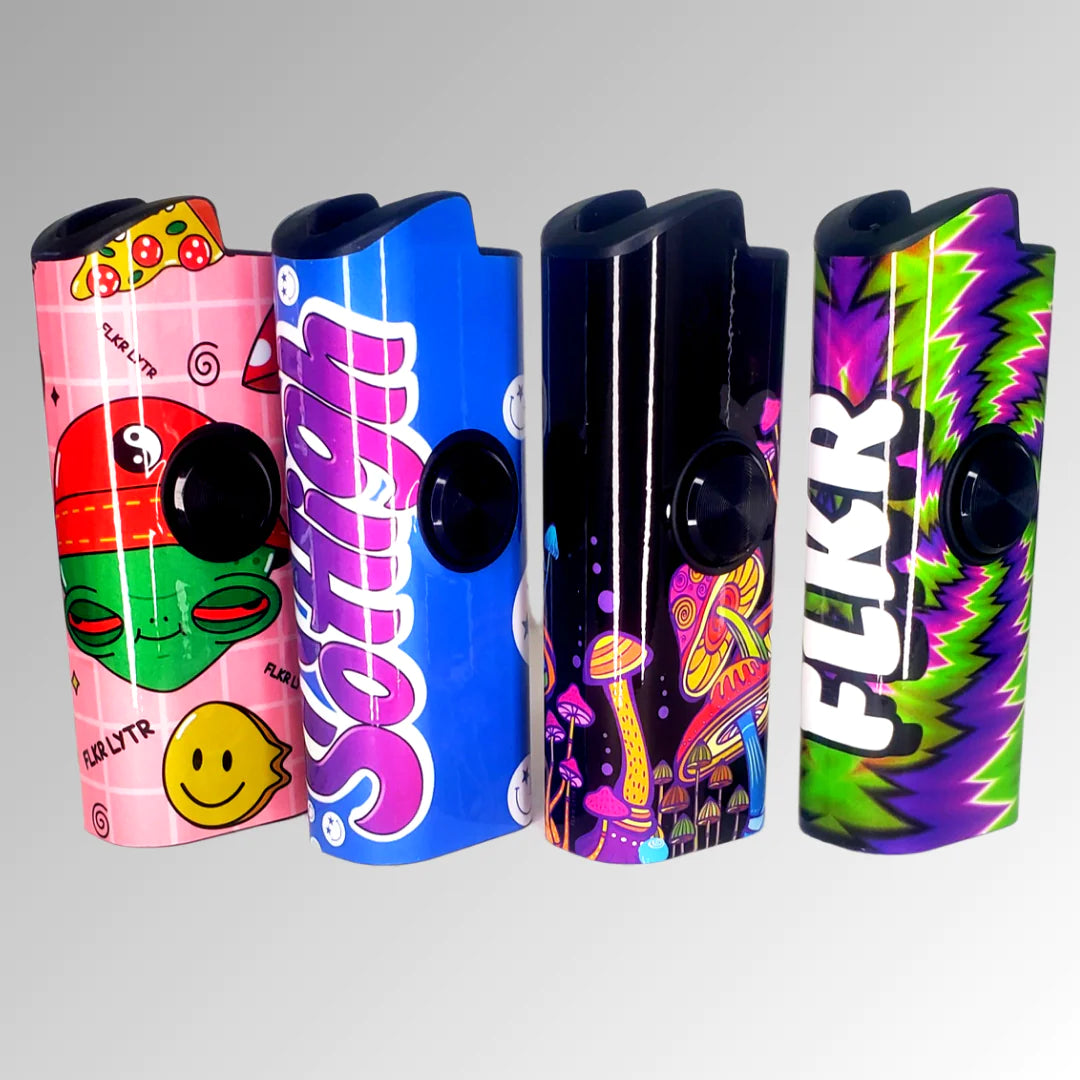 FLKR LYTR® Amazon Prime Fidget Spinner Lighter Case 4 pack for Bic Lighter® Case Pink Alien, Trippy, Large Mushroom Garden, So High  -  $34.99