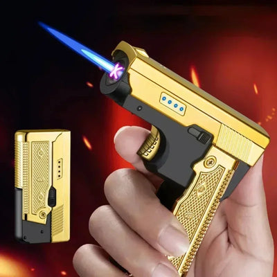New Gas- Electric Dual Flame Gun Lighter USB Rechargeable Plasma Lighter Foldable Pistol Shaped Torch Lighter Men Smoking Tool