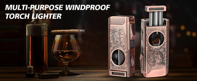Cigar Lighter 4 Jet Flame,Refillable Butane Lighter with Cigar Cutter V Cut Cigar Punch Cigar Holder Cigar Draw Enhancer