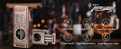 Cigar Lighter 4 Jet Flame,Refillable Butane Lighter with Cigar Cutter V Cut Cigar Punch Cigar Holder Cigar Draw Enhancer