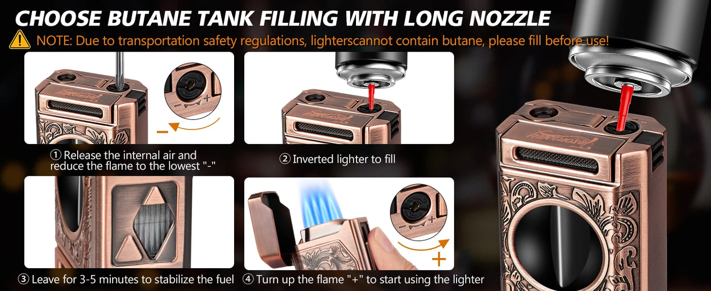 Cigar Lighter 4 Jet Flame,Refillable Butane Lighter with Cigar Cutter V Cut Cigar Punch Cigar Holder Cigar Draw Enhancer