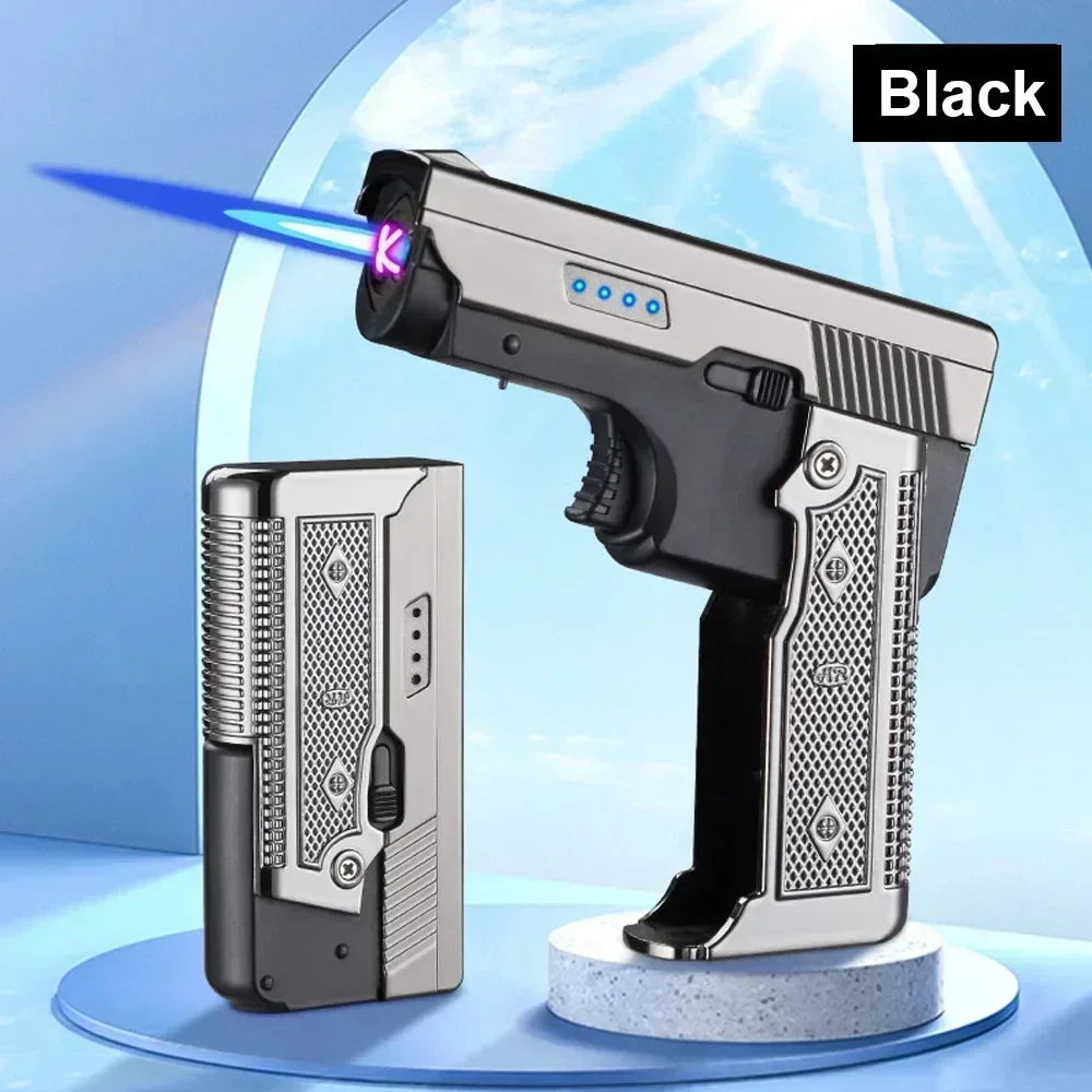 New Gas- Electric Dual Flame Gun Lighter USB Rechargeable Plasma Lighter Foldable Pistol Shaped Torch Lighter Men Smoking Tool