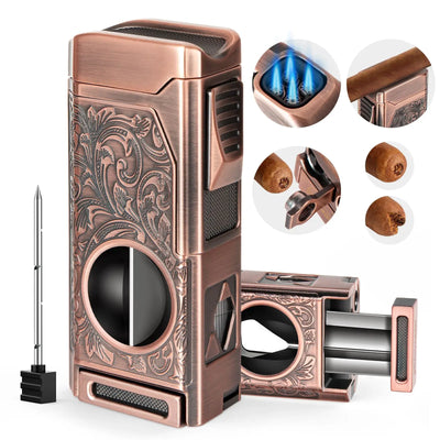 Cigar Lighter 4 Jet Flame,Refillable Butane Lighter with Cigar Cutter V Cut Cigar Punch Cigar Holder Cigar Draw Enhancer