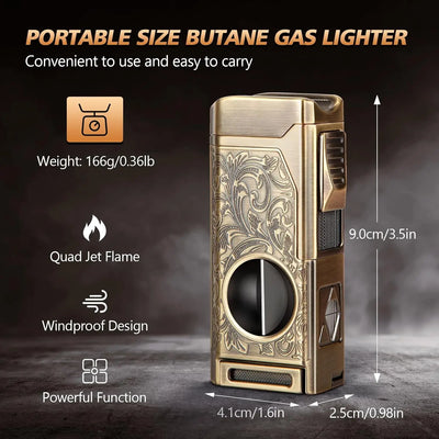 Cigar Lighter 4 Jet Flame,Refillable Butane Lighter with Cigar Cutter V Cut Cigar Punch Cigar Holder Cigar Draw Enhancer