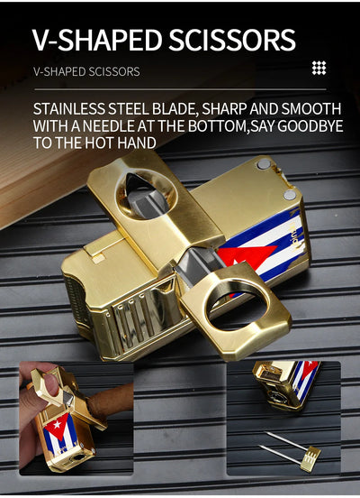 LUBINSKI Metal Cigar Lighter With V Cutter Cigar Punch Portable Gas 1 Torch Lighters Support Cigar Stand Cover