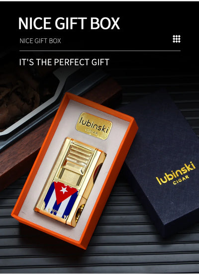 LUBINSKI Metal Cigar Lighter With V Cutter Cigar Punch Portable Gas 1 Torch Lighters Support Cigar Stand Cover