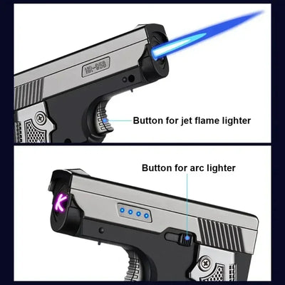 New Gas- Electric Dual Flame Gun Lighter USB Rechargeable Plasma Lighter Foldable Pistol Shaped Torch Lighter Men Smoking Tool