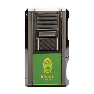 LUBINSKI Metal Cigar Lighter With V Cutter Cigar Punch Portable Gas 1 Torch Lighters Support Cigar Stand Cover