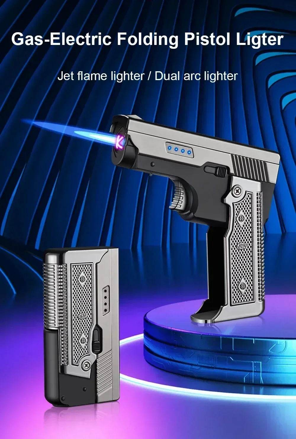 New Gas- Electric Dual Flame Gun Lighter USB Rechargeable Plasma Lighter Foldable Pistol Shaped Torch Lighter Men Smoking Tool