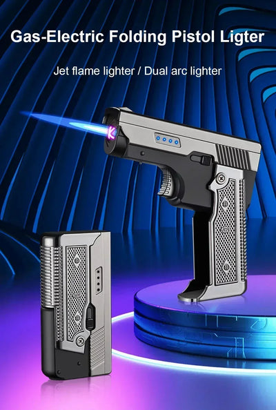 New Gas- Electric Dual Flame Gun Lighter USB Rechargeable Plasma Lighter Foldable Pistol Shaped Torch Lighter Men Smoking Tool