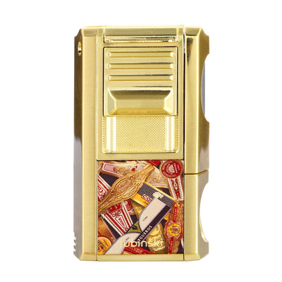 LUBINSKI Metal Cigar Lighter With V Cutter Cigar Punch Portable Gas 1 Torch Lighters Support Cigar Stand Cover