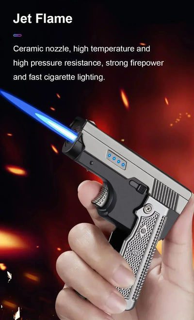 New Gas- Electric Dual Flame Gun Lighter USB Rechargeable Plasma Lighter Foldable Pistol Shaped Torch Lighter Men Smoking Tool