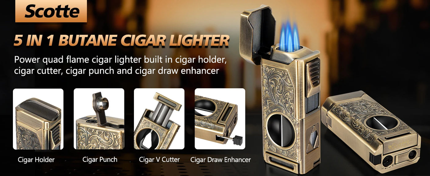 Cigar Lighter 4 Jet Flame,Refillable Butane Lighter with Cigar Cutter V Cut Cigar Punch Cigar Holder Cigar Draw Enhancer