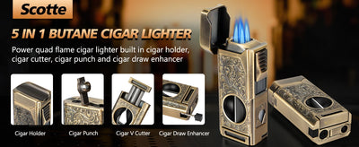 Cigar Lighter 4 Jet Flame,Refillable Butane Lighter with Cigar Cutter V Cut Cigar Punch Cigar Holder Cigar Draw Enhancer