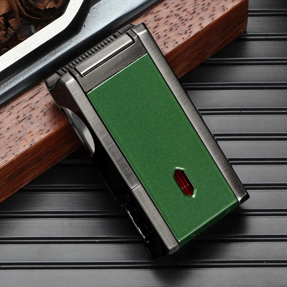 LUBINSKI Metal Cigar Lighter With V Cutter Cigar Punch Portable Gas 1 Torch Lighters Support Cigar Stand Cover