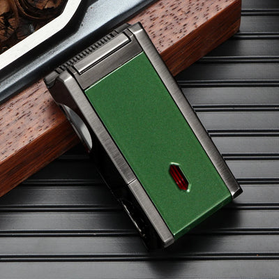 LUBINSKI Metal Cigar Lighter With V Cutter Cigar Punch Portable Gas 1 Torch Lighters Support Cigar Stand Cover