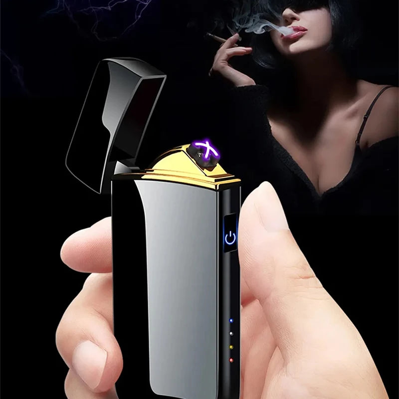 Hot Smart Windproof Electric Metal Lighter Flameless Plasma Lighter Usb Rechargeable Double Arc Led Power Display Touch Lighter