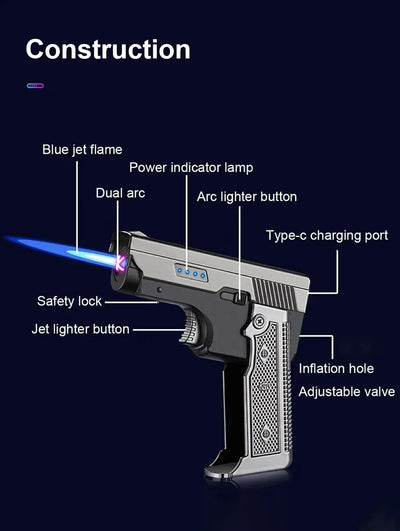 New Gas- Electric Dual Flame Gun Lighter USB Rechargeable Plasma Lighter Foldable Pistol Shaped Torch Lighter Men Smoking Tool
