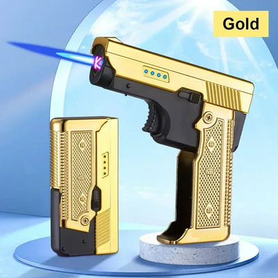 New Gas- Electric Dual Flame Gun Lighter USB Rechargeable Plasma Lighter Foldable Pistol Shaped Torch Lighter Men Smoking Tool
