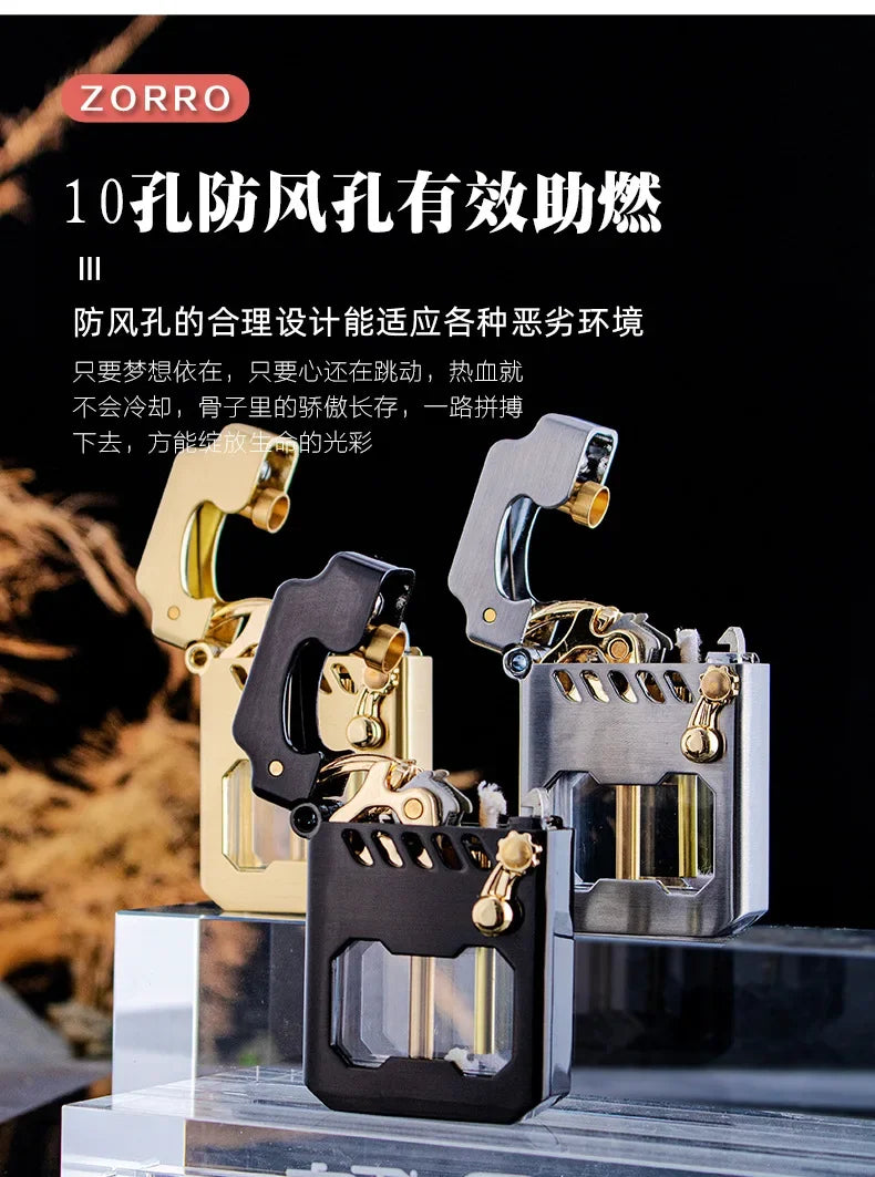 2025 New Zorro Kerosene Lighter Cyber Mecha Transparent Bin Rocker Cool Classic Torrens Tide Men Lighters
