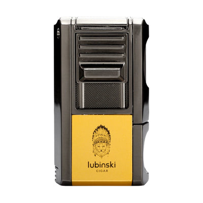 LUBINSKI Metal Cigar Lighter With V Cutter Cigar Punch Portable Gas 1 Torch Lighters Support Cigar Stand Cover