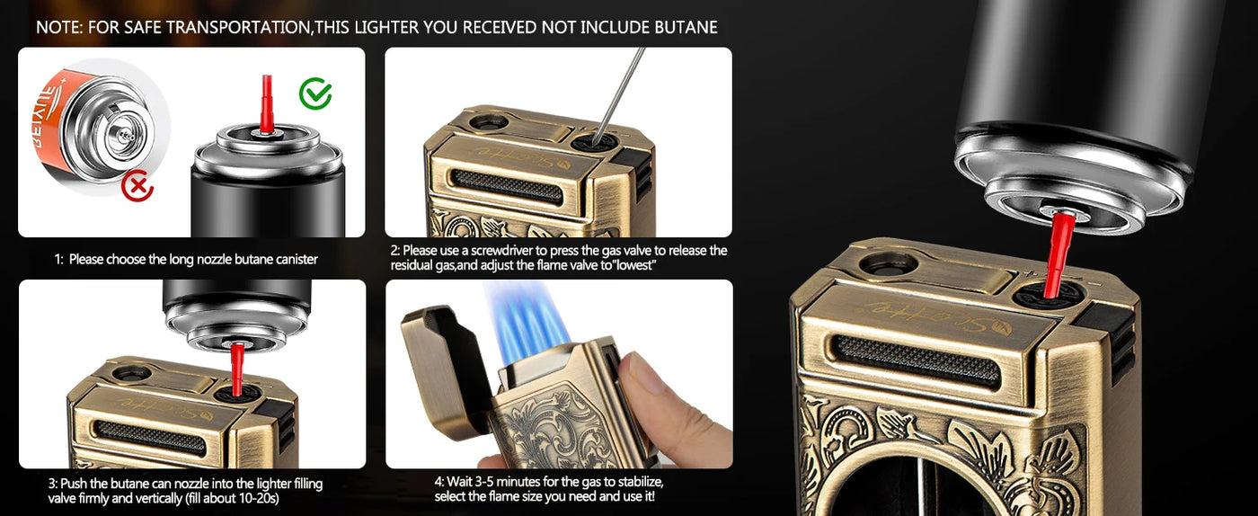 Cigar Lighter 4 Jet Flame,Refillable Butane Lighter with Cigar Cutter V Cut Cigar Punch Cigar Holder Cigar Draw Enhancer