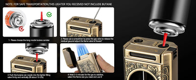 Cigar Lighter 4 Jet Flame,Refillable Butane Lighter with Cigar Cutter V Cut Cigar Punch Cigar Holder Cigar Draw Enhancer
