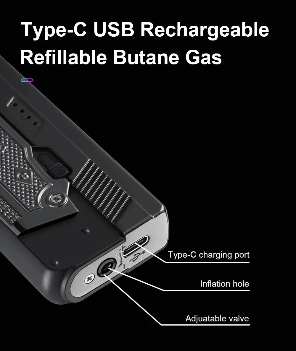 New Gas- Electric Dual Flame Gun Lighter USB Rechargeable Plasma Lighter Foldable Pistol Shaped Torch Lighter Men Smoking Tool
