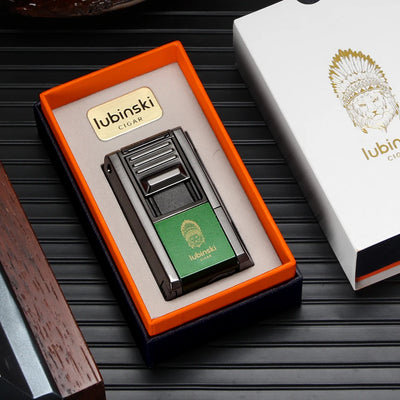 LUBINSKI Metal Cigar Lighter With V Cutter Cigar Punch Portable Gas 1 Torch Lighters Support Cigar Stand Cover