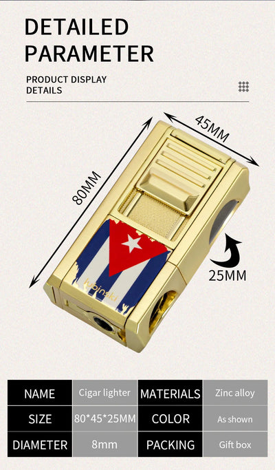 LUBINSKI Metal Cigar Lighter With V Cutter Cigar Punch Portable Gas 1 Torch Lighters Support Cigar Stand Cover