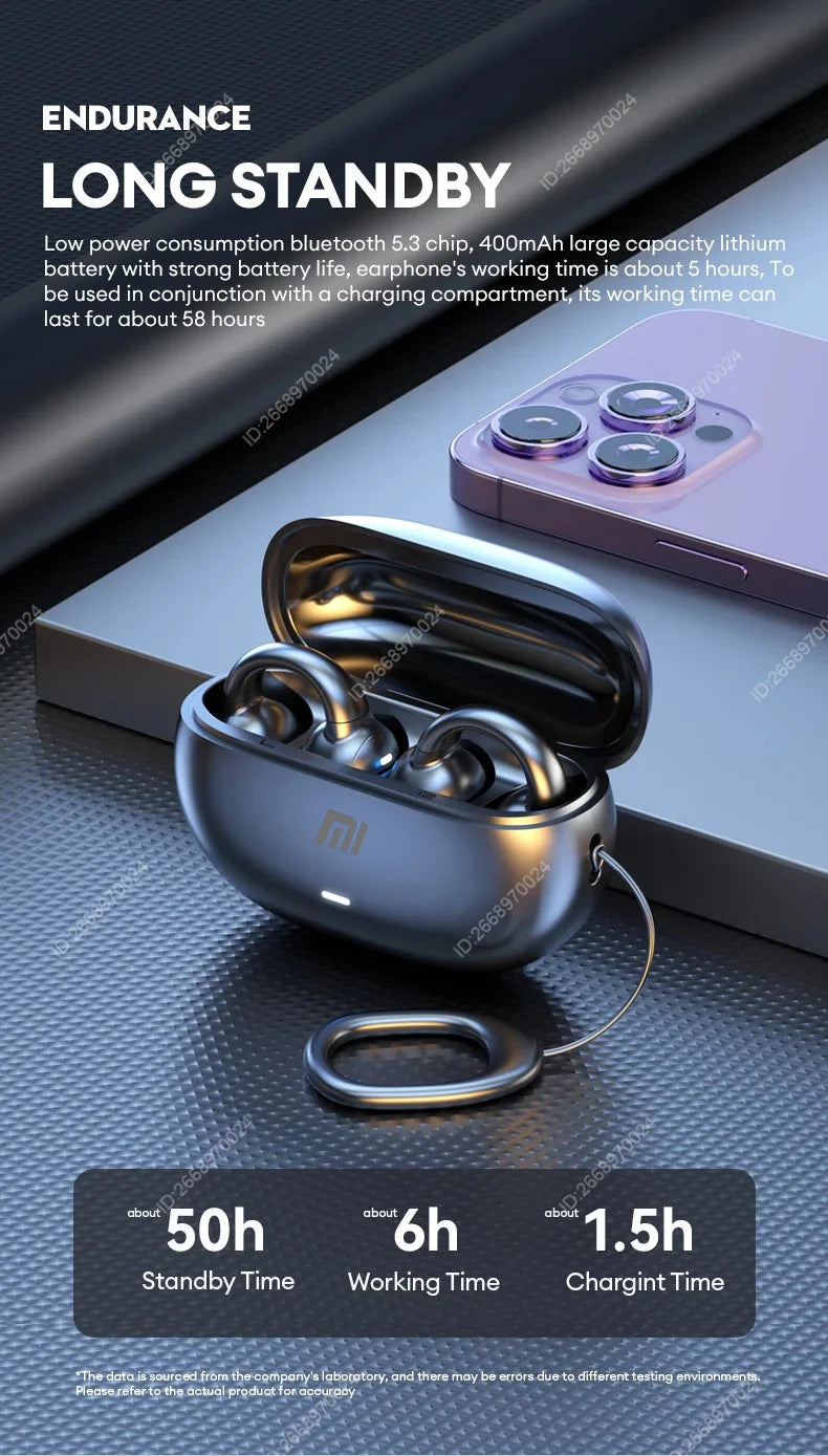 Xiaomi Bone Conduction Earphones Bluetooth 5.3 Headphones Noise Cancelling Clip-On Ear Wireless Earbuds with Long Battery Life