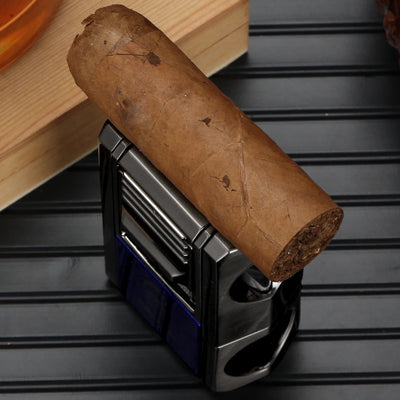 LUBINSKI Metal Cigar Lighter With V Cutter Cigar Punch Portable Gas 1 Torch Lighters Support Cigar Stand Cover