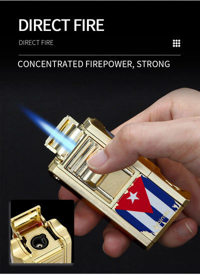 LUBINSKI Metal Cigar Lighter With V Cutter Cigar Punch Portable Gas 1 Torch Lighters Support Cigar Stand Cover