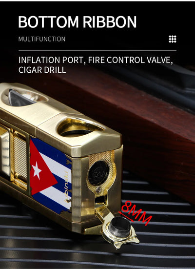 LUBINSKI Metal Cigar Lighter With V Cutter Cigar Punch Portable Gas 1 Torch Lighters Support Cigar Stand Cover