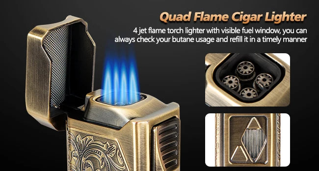 Cigar Lighter 4 Jet Flame,Refillable Butane Lighter with Cigar Cutter V Cut Cigar Punch Cigar Holder Cigar Draw Enhancer
