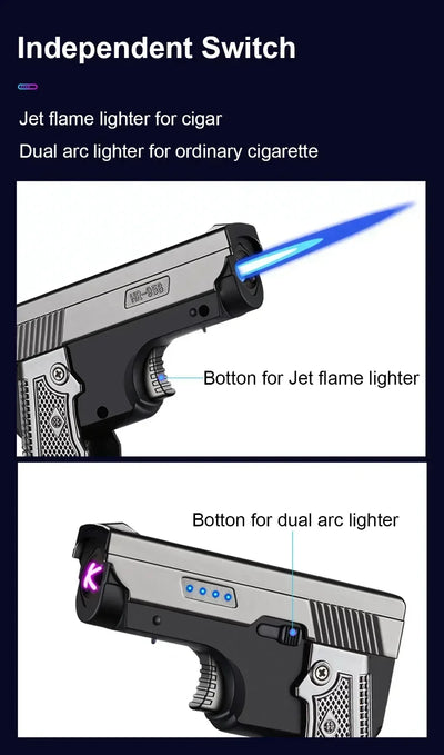 New Gas- Electric Dual Flame Gun Lighter USB Rechargeable Plasma Lighter Foldable Pistol Shaped Torch Lighter Men Smoking Tool