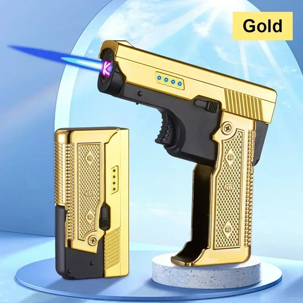 New Gas- Electric Dual Flame Gun Lighter USB Rechargeable Plasma Lighter Foldable Pistol Shaped Torch Lighter Men Smoking Tool