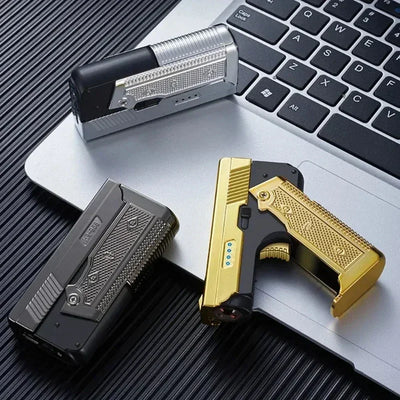 New Gas- Electric Dual Flame Gun Lighter USB Rechargeable Plasma Lighter Foldable Pistol Shaped Torch Lighter Men Smoking Tool
