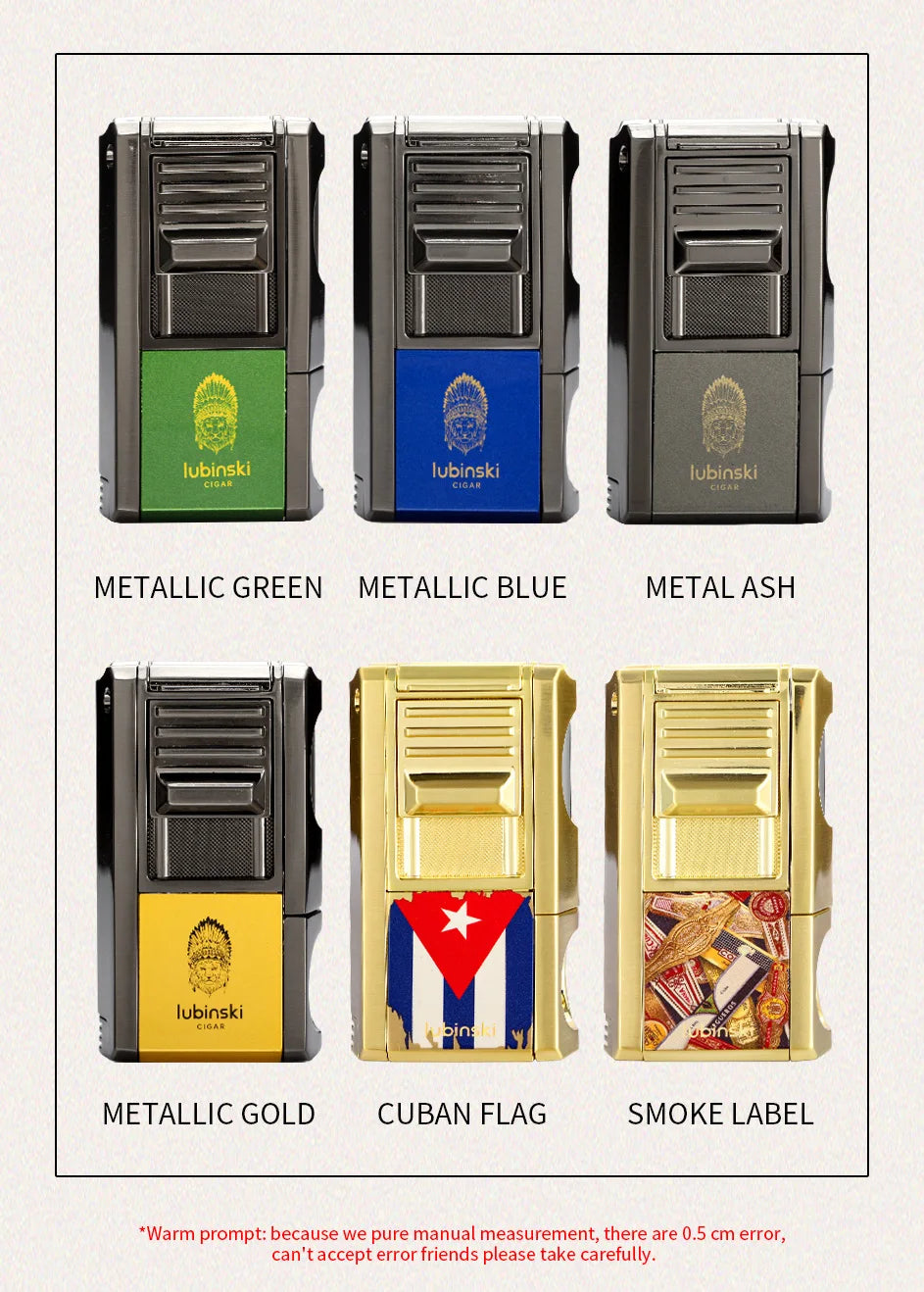 LUBINSKI Metal Cigar Lighter With V Cutter Cigar Punch Portable Gas 1 Torch Lighters Support Cigar Stand Cover