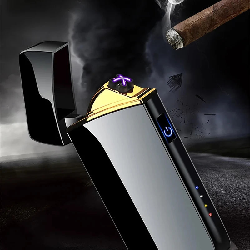 Hot Smart Windproof Electric Metal Lighter Flameless Plasma Lighter Usb Rechargeable Double Arc Led Power Display Touch Lighter