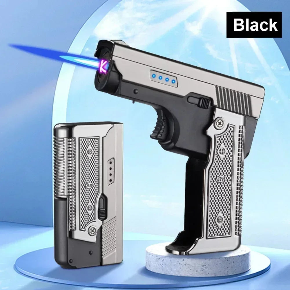 New Gas- Electric Dual Flame Gun Lighter USB Rechargeable Plasma Lighter Foldable Pistol Shaped Torch Lighter Men Smoking Tool