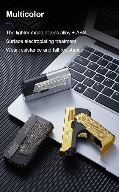 New Gas- Electric Dual Flame Gun Lighter USB Rechargeable Plasma Lighter Foldable Pistol Shaped Torch Lighter Men Smoking Tool