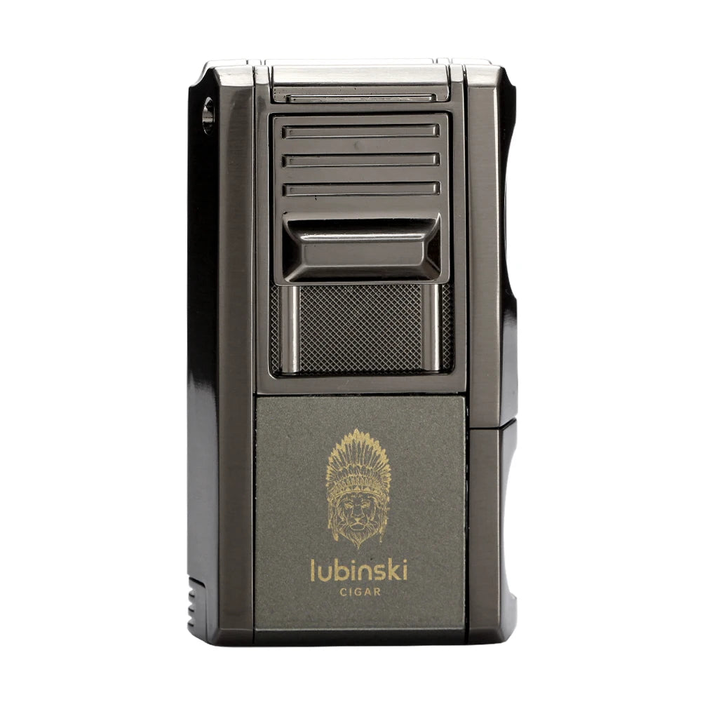 LUBINSKI Metal Cigar Lighter With V Cutter Cigar Punch Portable Gas 1 Torch Lighters Support Cigar Stand Cover