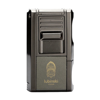 LUBINSKI Metal Cigar Lighter With V Cutter Cigar Punch Portable Gas 1 Torch Lighters Support Cigar Stand Cover