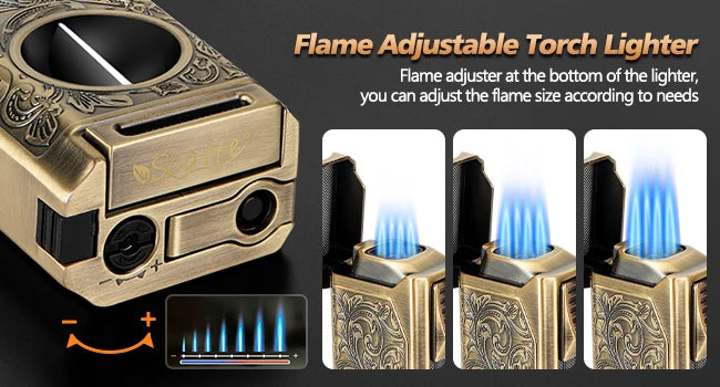 Cigar Lighter 4 Jet Flame,Refillable Butane Lighter with Cigar Cutter V Cut Cigar Punch Cigar Holder Cigar Draw Enhancer