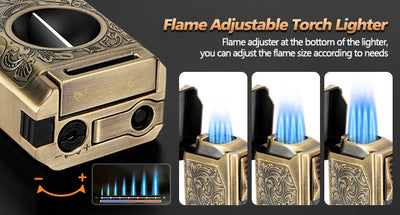 Cigar Lighter 4 Jet Flame,Refillable Butane Lighter with Cigar Cutter V Cut Cigar Punch Cigar Holder Cigar Draw Enhancer