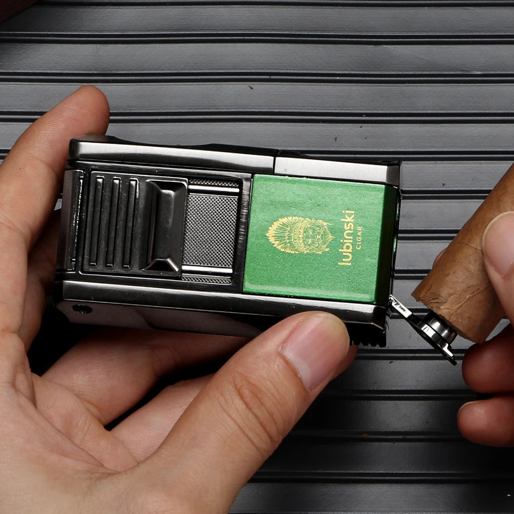LUBINSKI Metal Cigar Lighter With V Cutter Cigar Punch Portable Gas 1 Torch Lighters Support Cigar Stand Cover