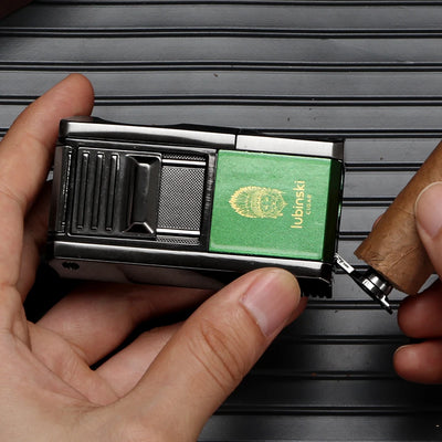 LUBINSKI Metal Cigar Lighter With V Cutter Cigar Punch Portable Gas 1 Torch Lighters Support Cigar Stand Cover
