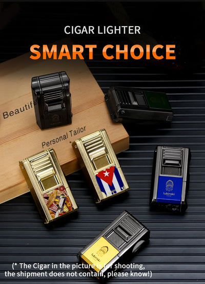 LUBINSKI Metal Cigar Lighter With V Cutter Cigar Punch Portable Gas 1 Torch Lighters Support Cigar Stand Cover