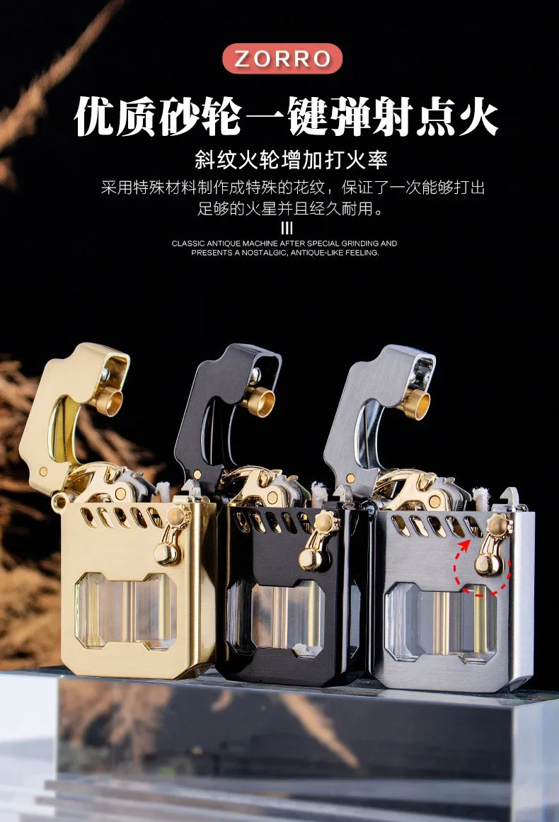 2025 New Zorro Kerosene Lighter Cyber Mecha Transparent Bin Rocker Cool Classic Torrens Tide Men Lighters